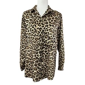 Zara Leopard Print Tan Button-Up Shirt Large Chest Pocket Longline Chic